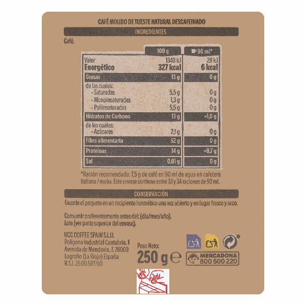 Café Décaféiné Hacendado Moulu Naturel 250g