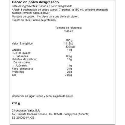 Cacao pur en poudre sans sucre 100%  250g - VALOR Maroc vente en ligne epicerie Fine 
